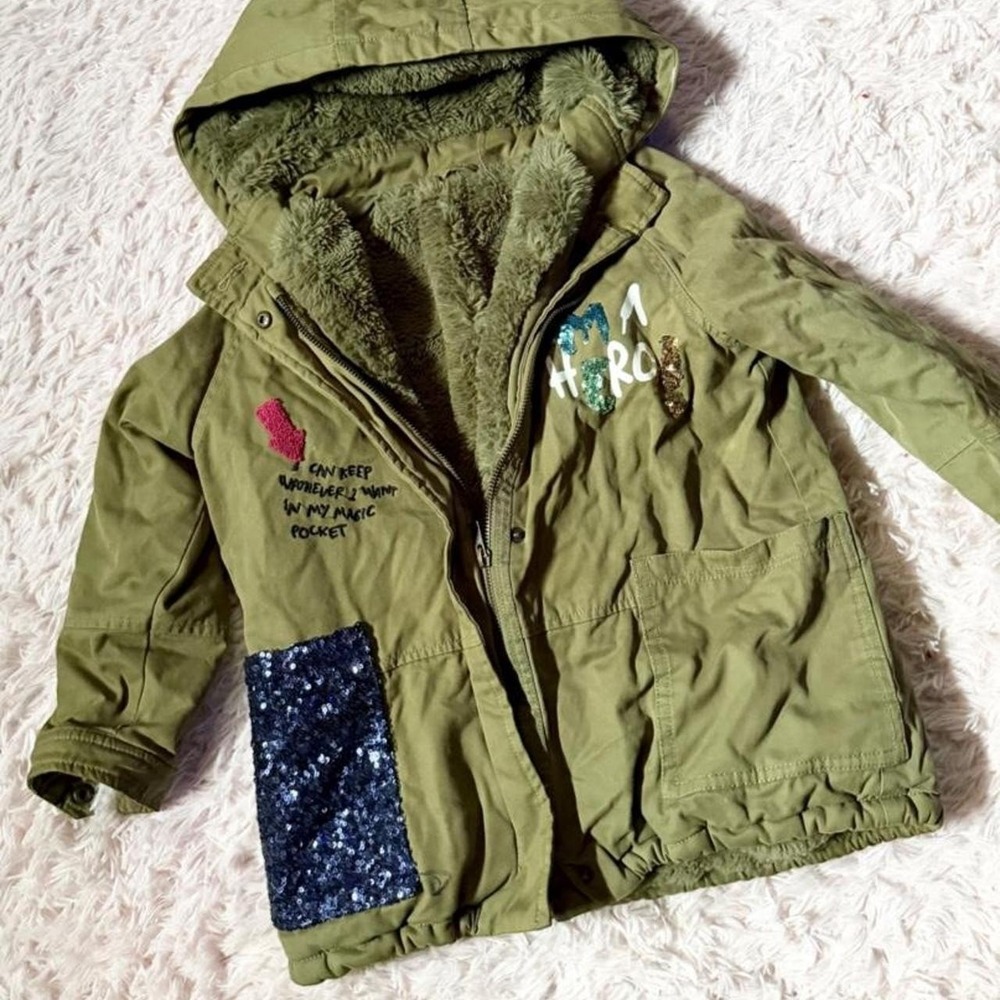 Olive Urban Streetwear Graffiti Sequin Edgy Plush Lined Hooded Parka Girls L